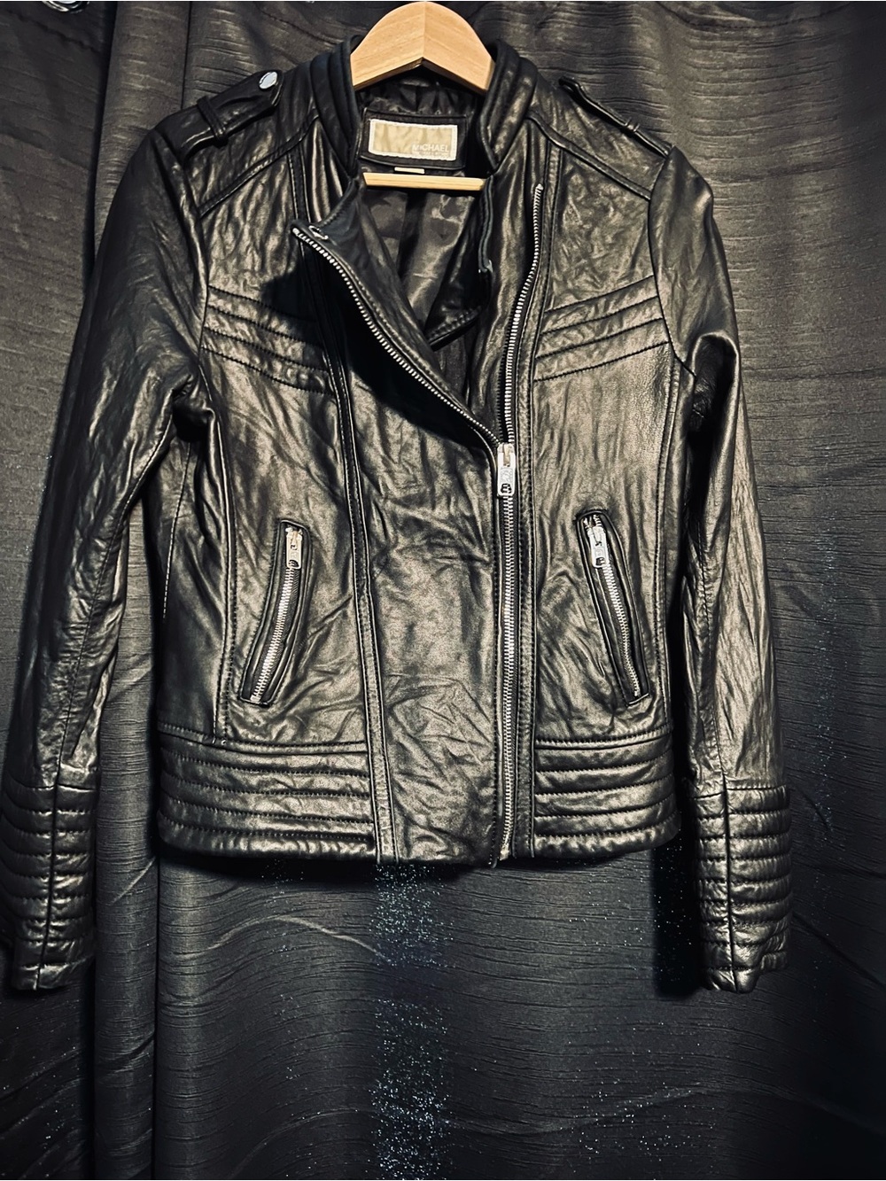 Black Genuine Michael Kors Leather Biker Jacket - Women